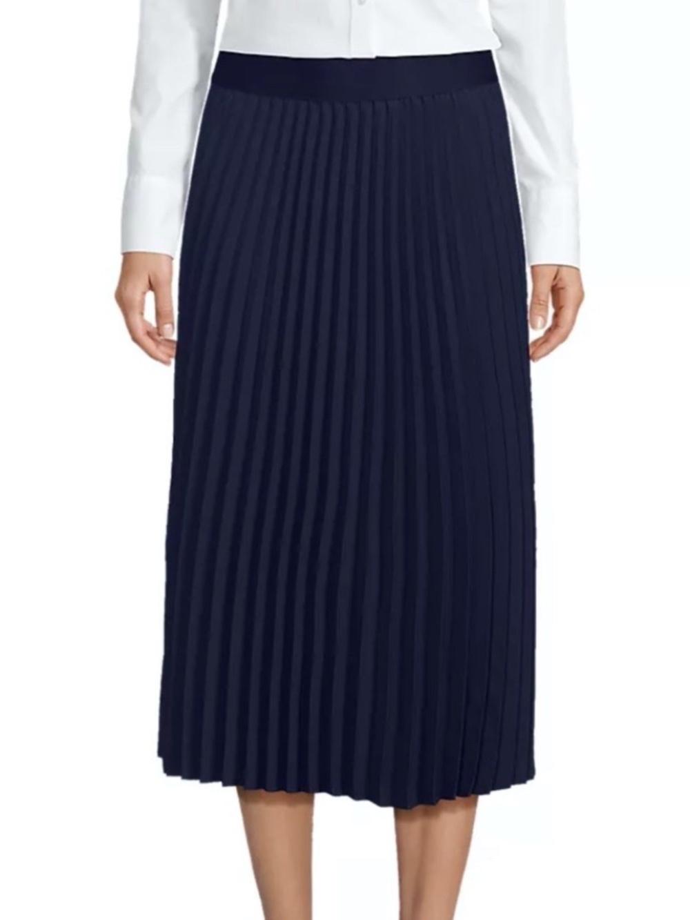 LANDS END Poly Crepe Pleated Midi SKIRT Size: 12 New SHIP FREE Navy Blue